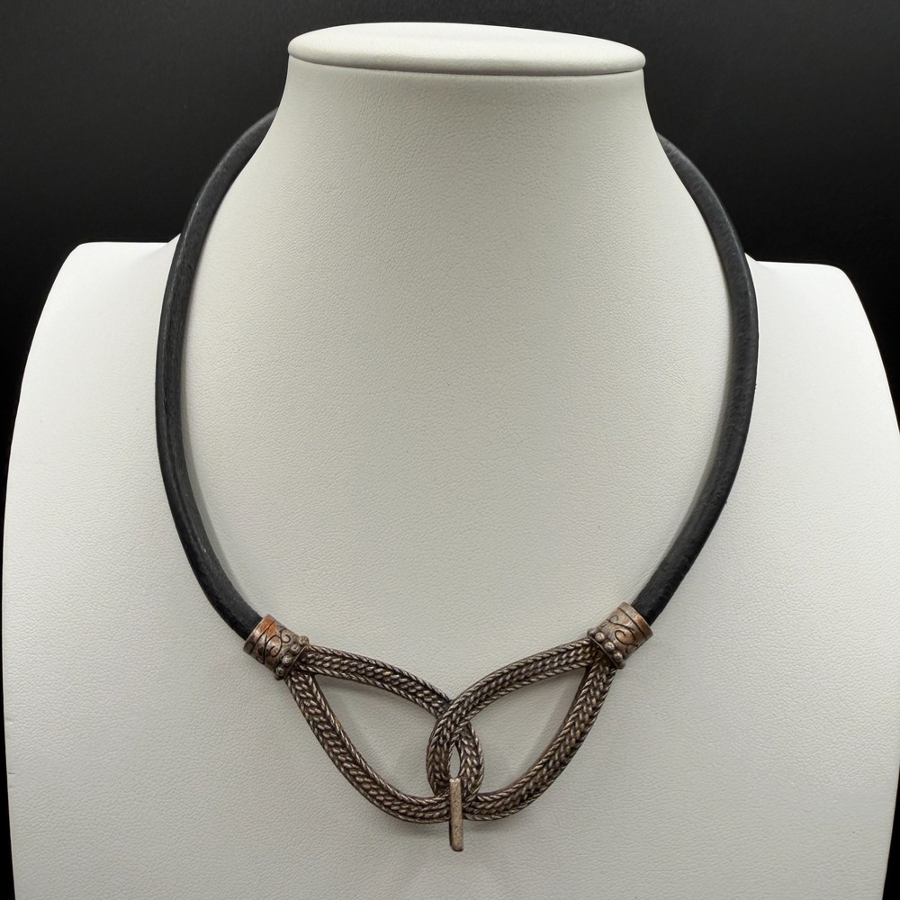 Celtic Knot Black Cord Necklace Antiqued Silver Tone Medieval Statement Jewelry